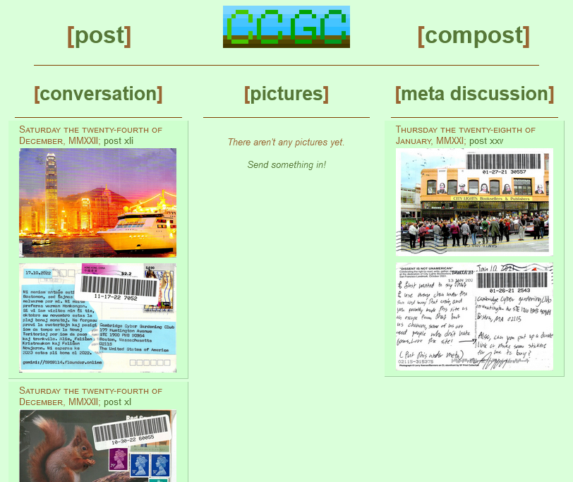 An imageboard split into three columns of [conversation], [pictures], and [meta discussion] with scanned postcards. Two links at the top are labeled [post] and [compost].