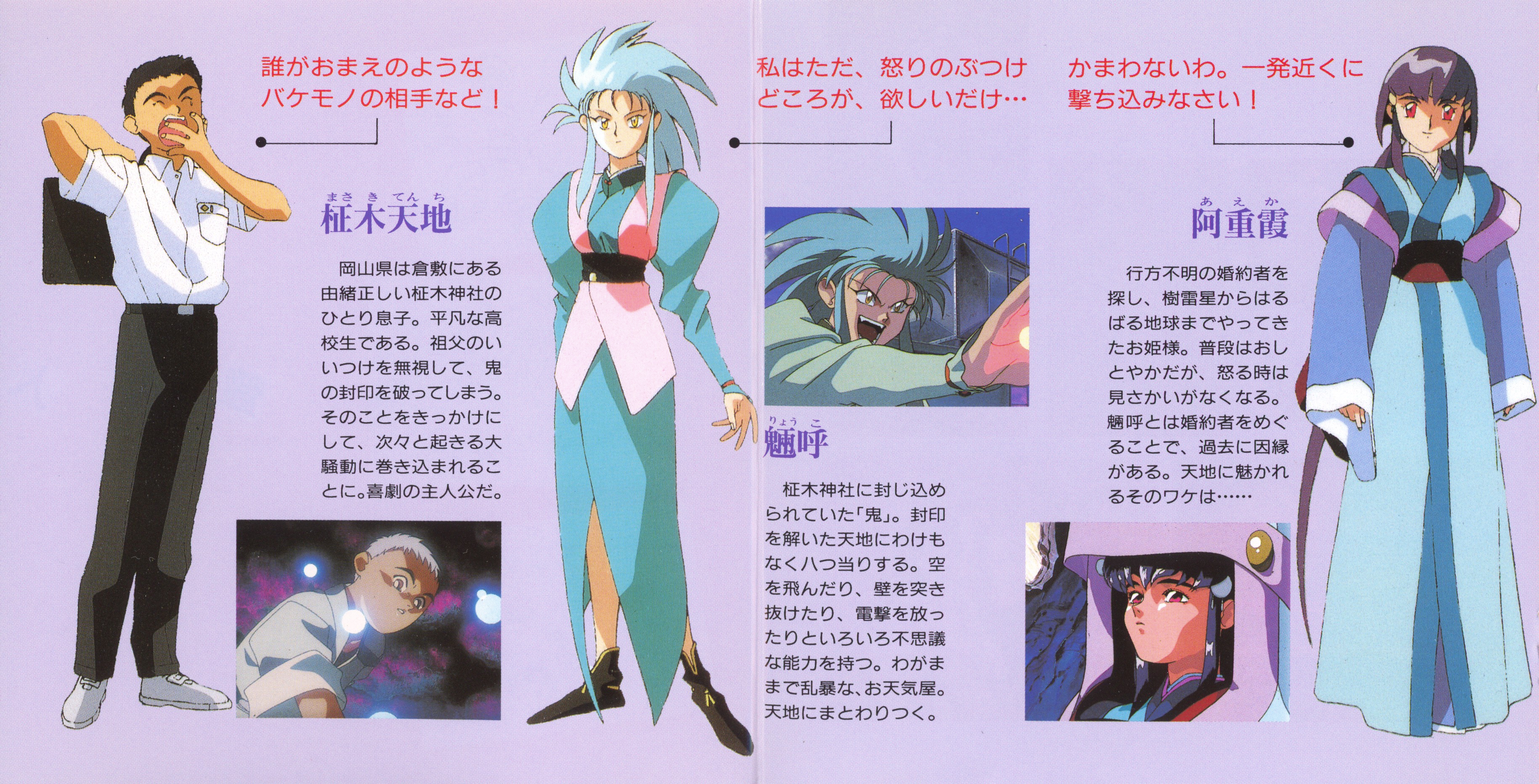 An album jacket showing characters from Tenchi Muyo in a lineup on a solid color background with quotations